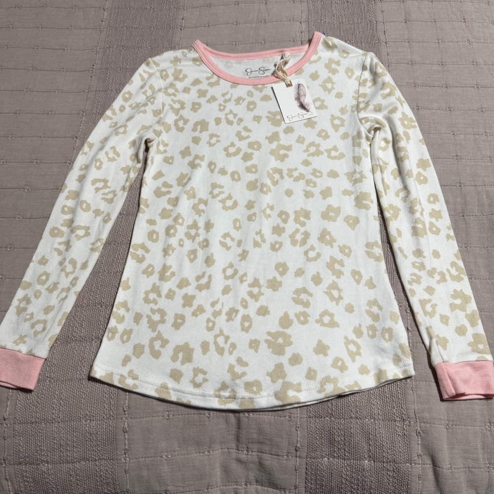 New Jessica Simpson Girls Pj Top Size 12 Ivory Pink Leopard Print Long Sleeve